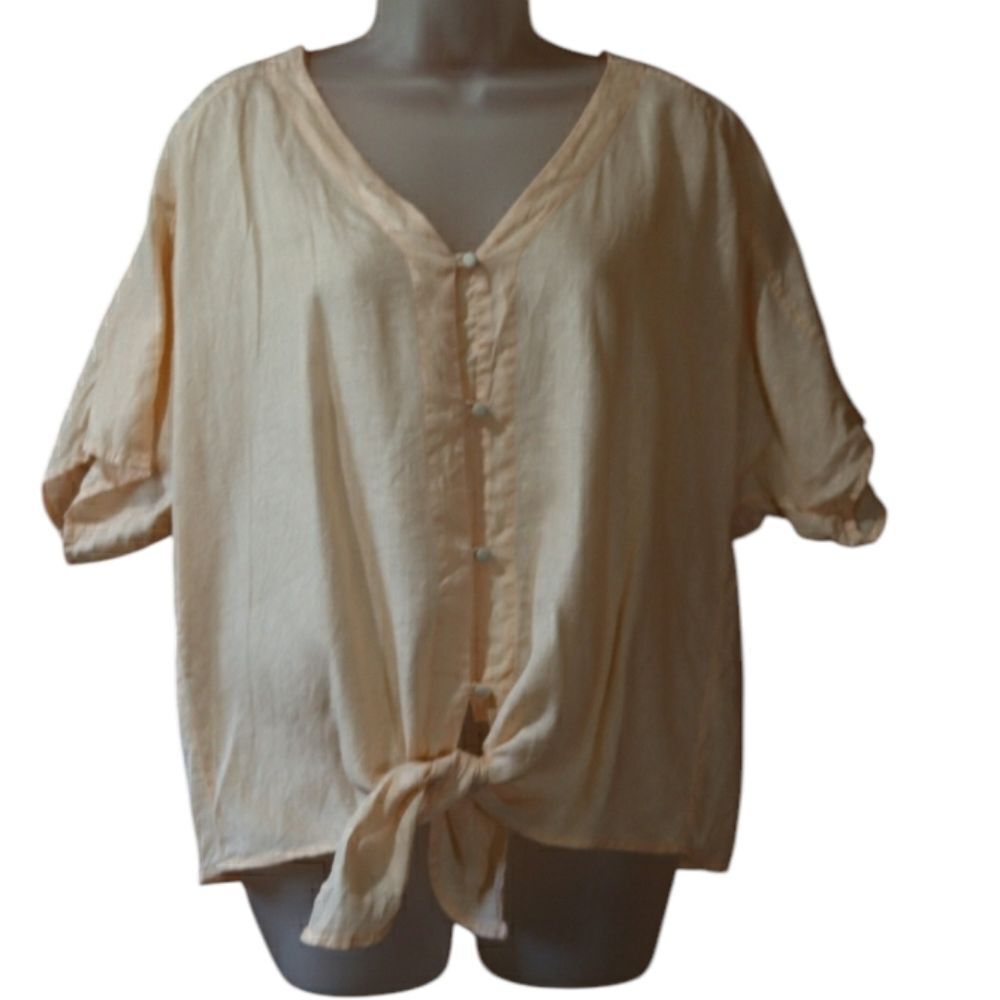 Vince Camuto Large Linen Cropped Tie-Front Blouse - Pastel Peach 100% linen